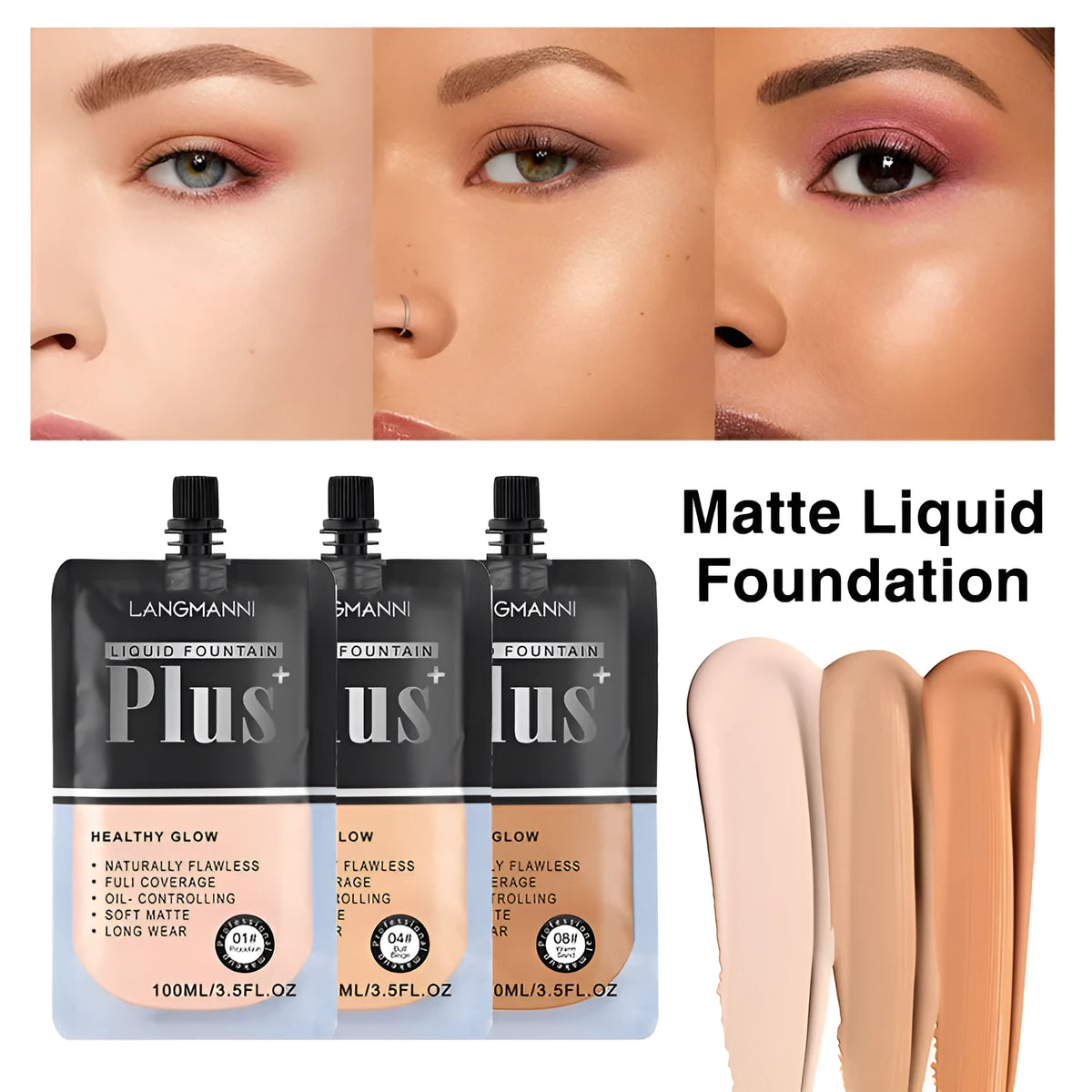 Liquid foundation bottle with oil control and concealer in eight shades 01-08, 19.5cm size