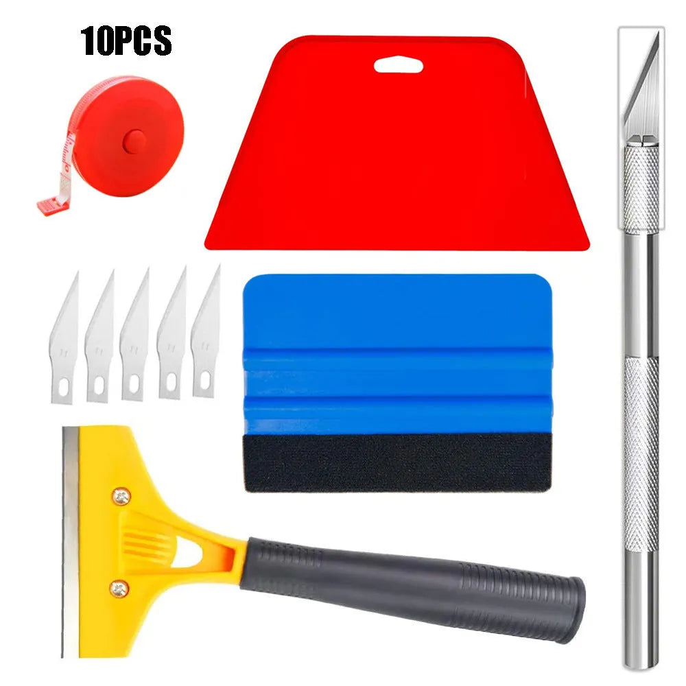 Plastic car film smoothing tool kit with squeegee and trimming knife for window tint and vinyl wrap application.