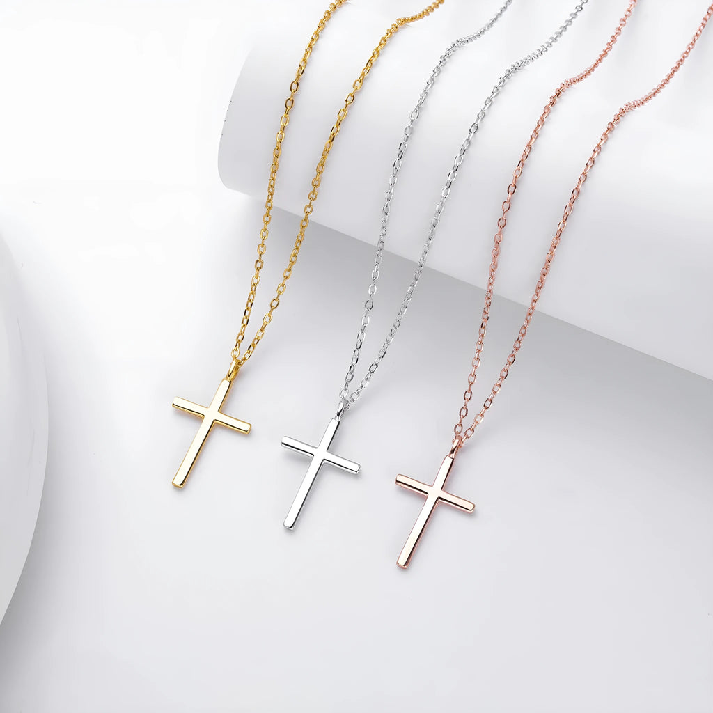 Sterling silver necklace with simple cross pendant on O-shaped chain in gold, platinum, or rose gold finish