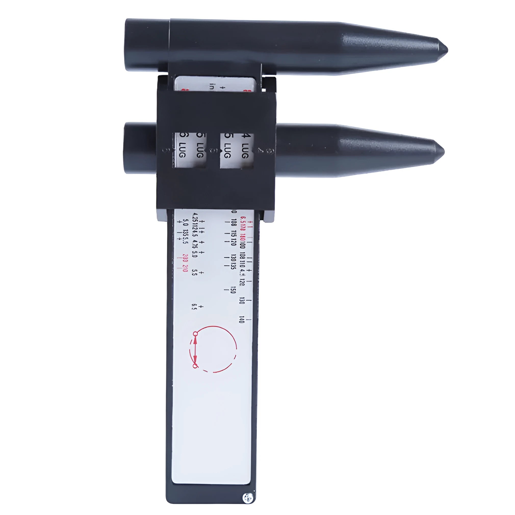 Plastic electronic digital caliper hole distance measuring tool with digital display on a work surface.