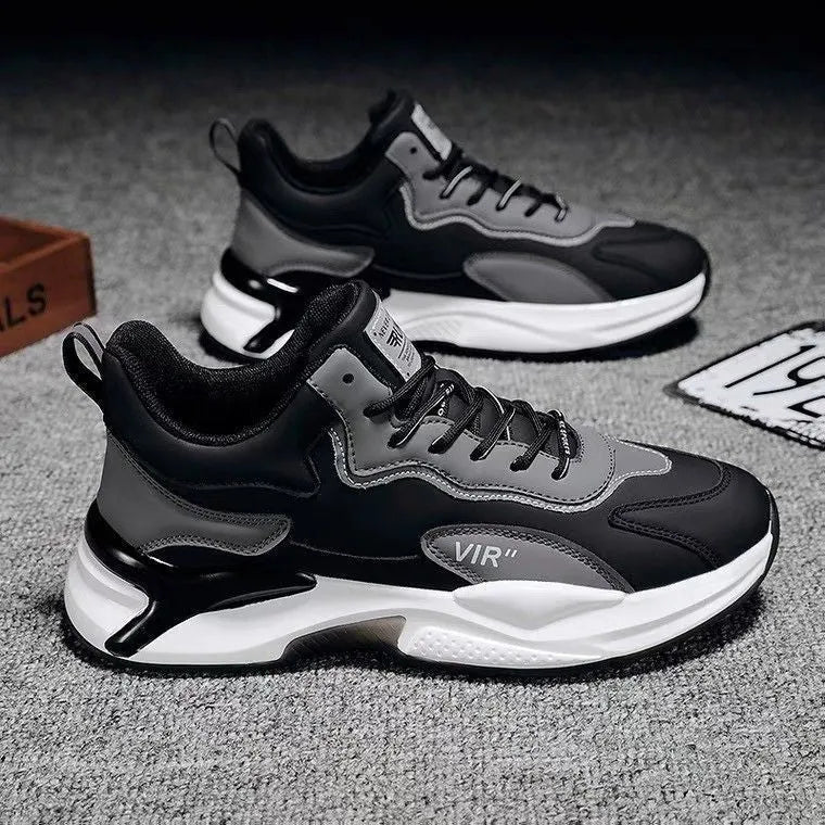 Black white lace-up sneakers for men with synthetic leather upper and mesh lining