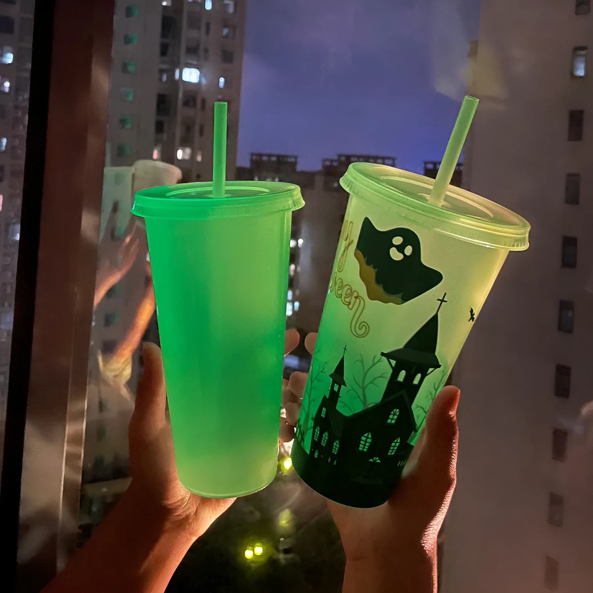 Halloween luminous straw cup 720ml PP plastic reusable coloured cylinder cup