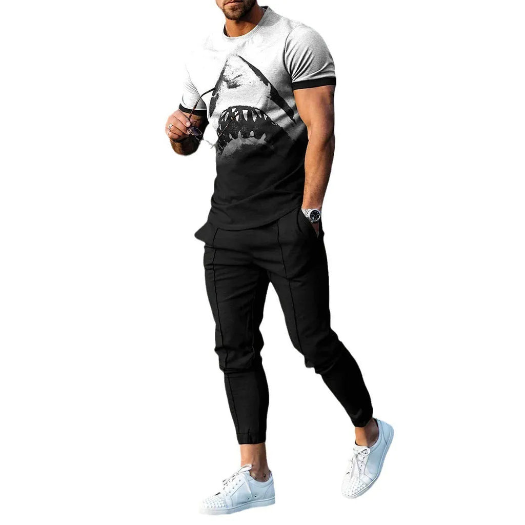 Men's casual printed short sleeve pullover and matching trousers suit set on a white background.