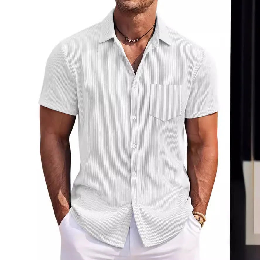 Men's loose casual short-sleeved shirt with vertical stripes in a solid colour.