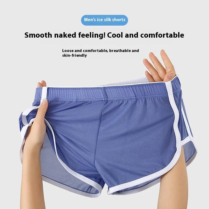 Men's ice silk nylon mesh boxer shorts in low-waist sports design, shown in multiple colours.