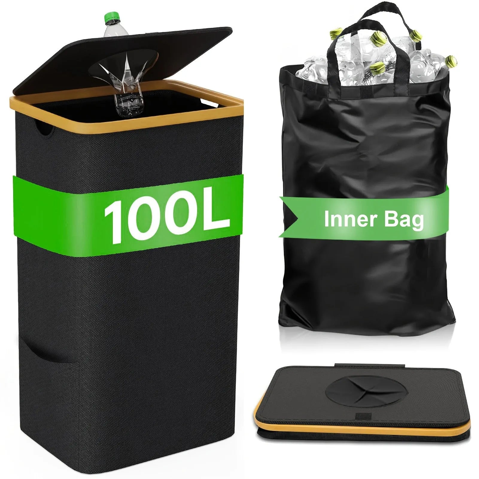 Black bamboo storage basket with removable lid and double inner pockets made from Oxford cloth