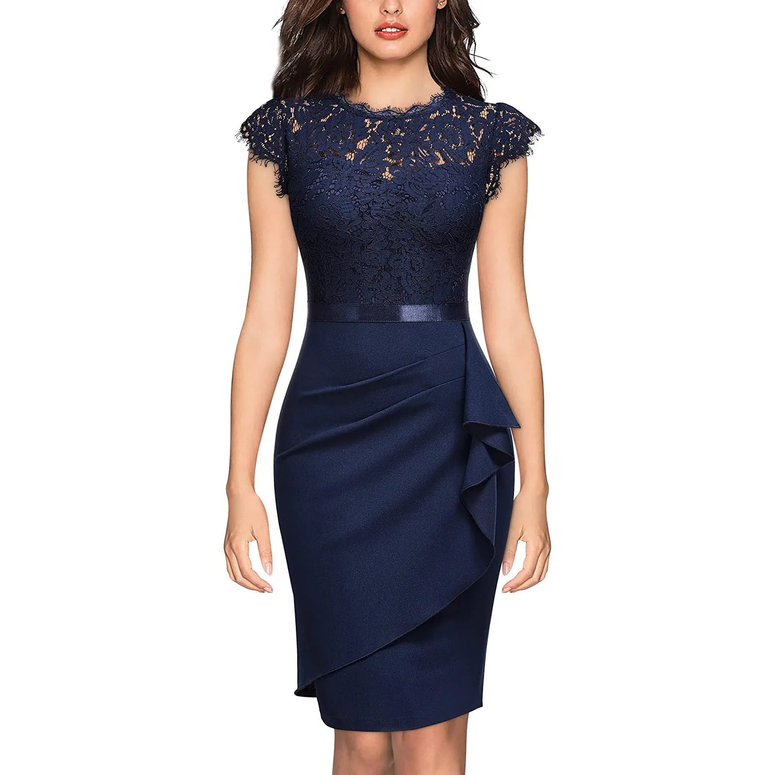 New women's bridesmaid polyester sheath dress with high waist and short sleeves in pink, black, and dark blue