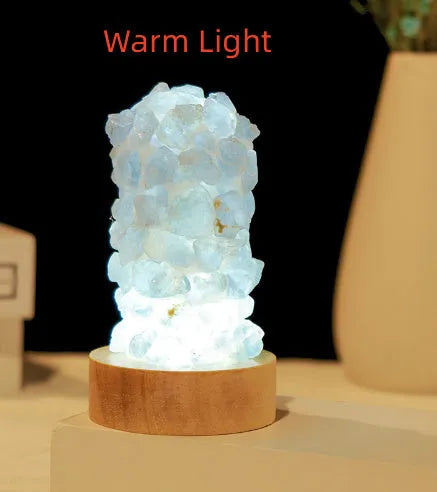 Natural amethyst crystal night light with USB plug showing both warm and cold light settings