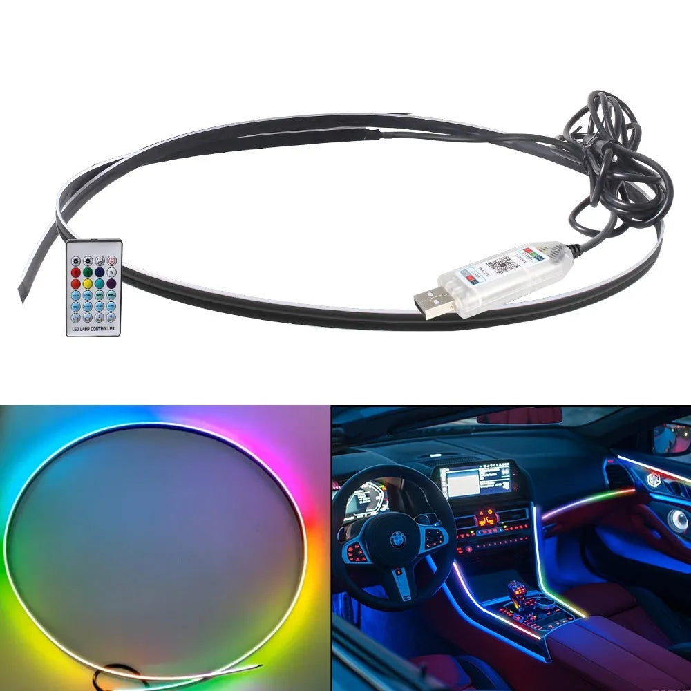 Car interior ambient lighting strip with remote control and USB connection for vehicle installation