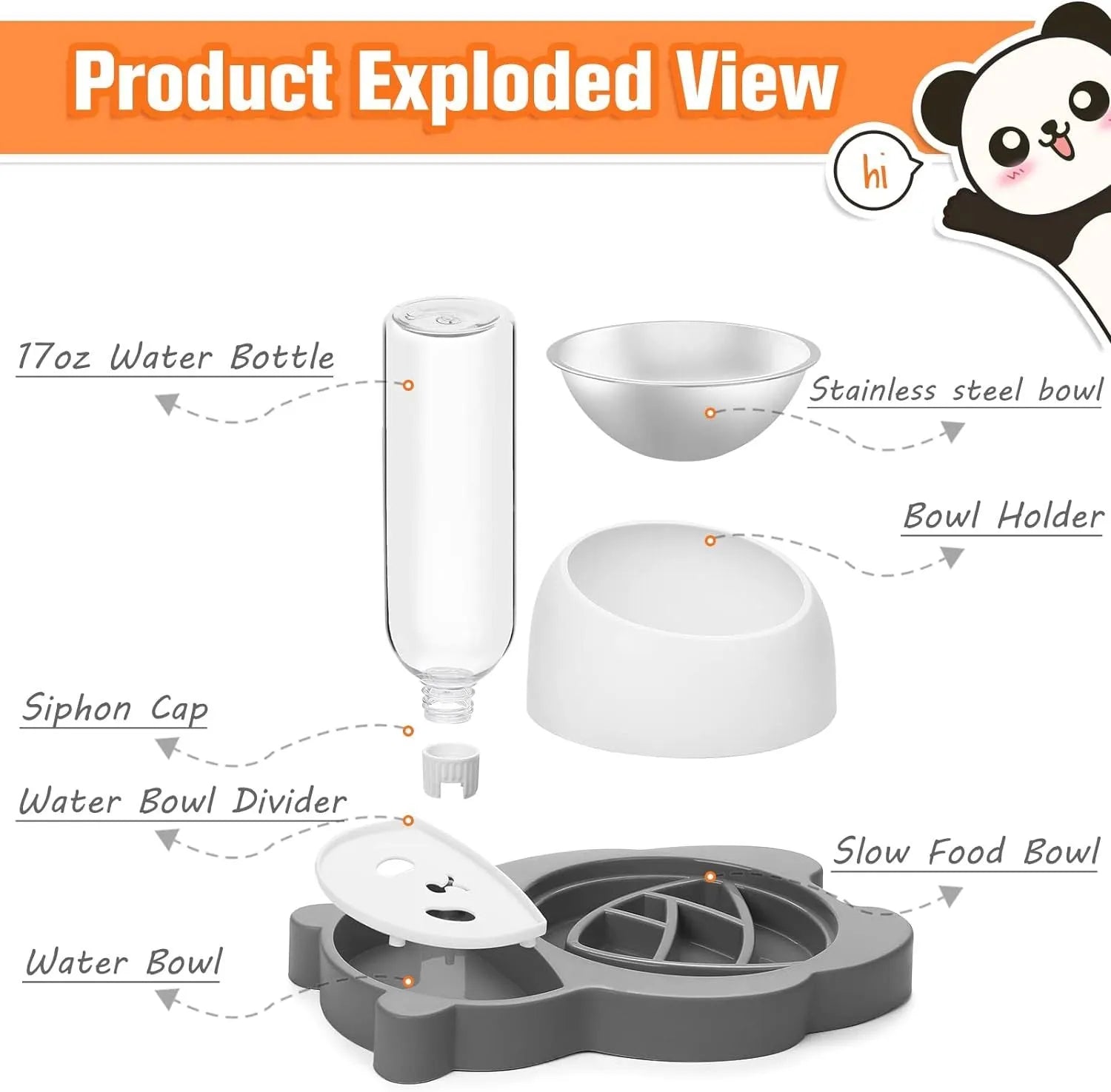 Grey pet bowl set with automatic water dispenser and tilted stainless steel feeding bowls