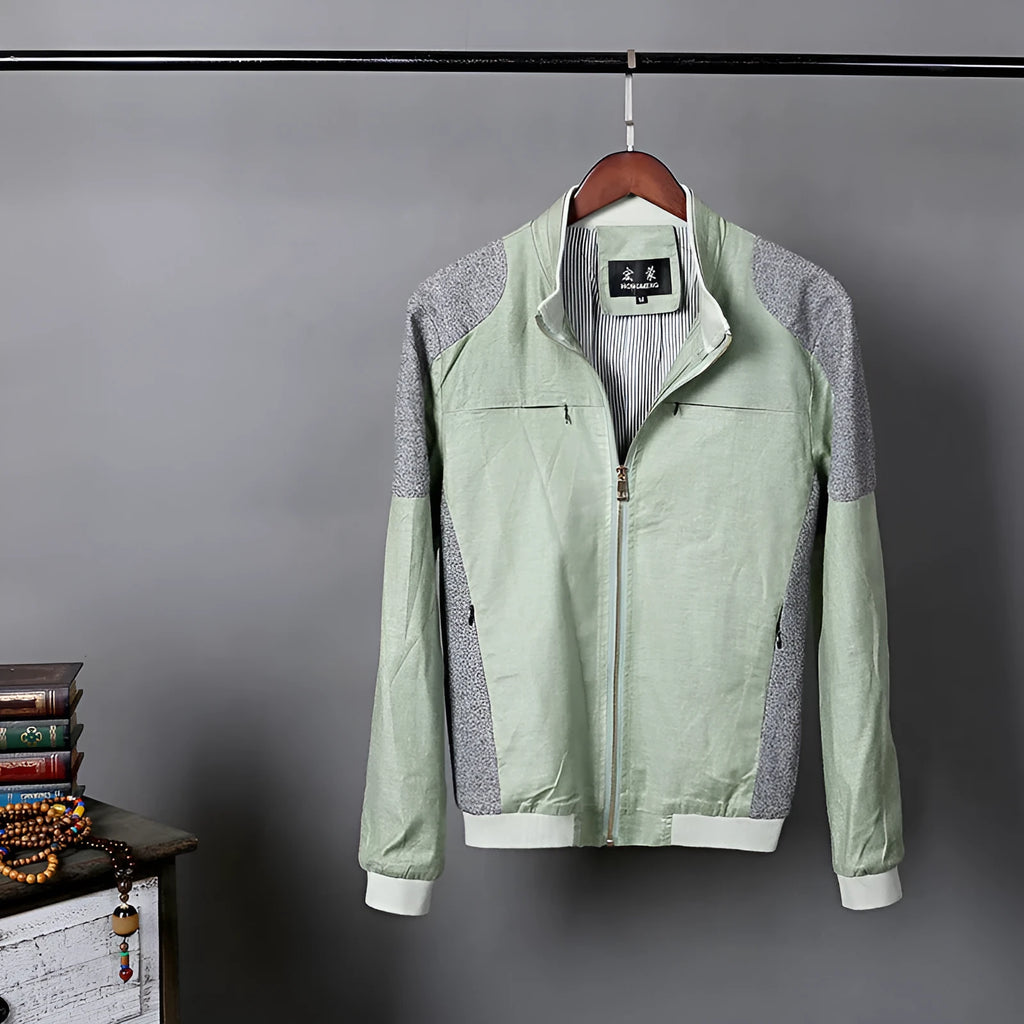 Men's thin heather grey linen jacket on a hanger, showing regular fit and colour block detail.