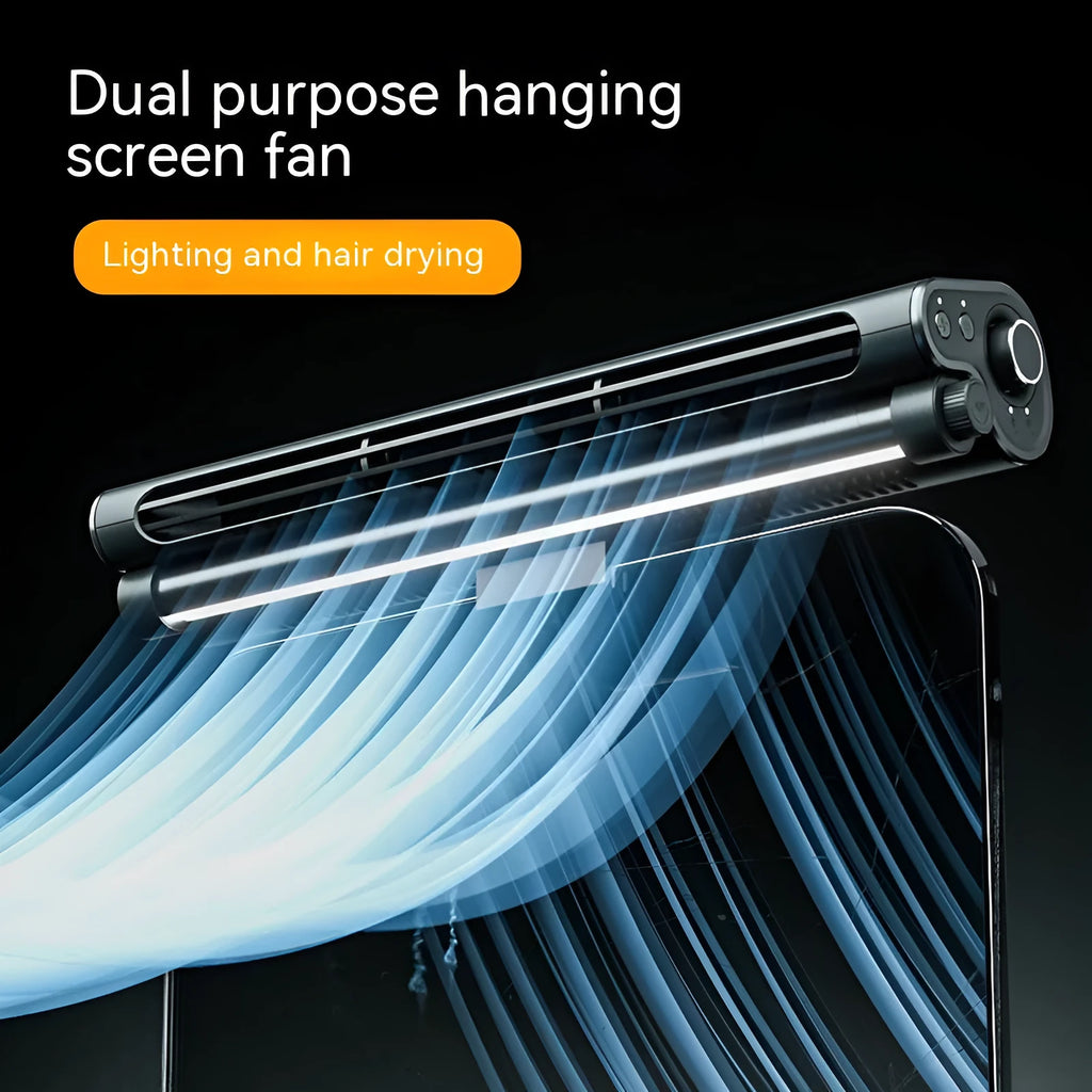 Black USB-powered bladeless fan clipped to a laptop screen with an integrated lighting lamp.