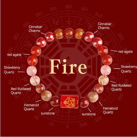 Five Elements natural crystal bracelet with gold wood water fire soil colours, round geometric shape, handmade national style