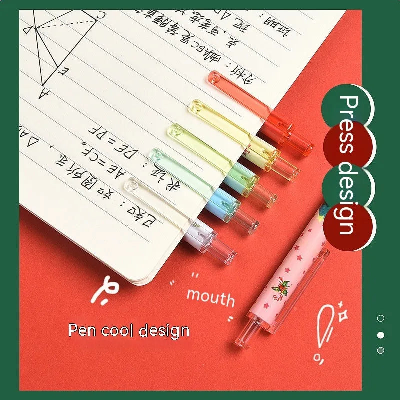 Six black gel pens with cartoon-themed plastic casings packaged as Christmas reward gift set