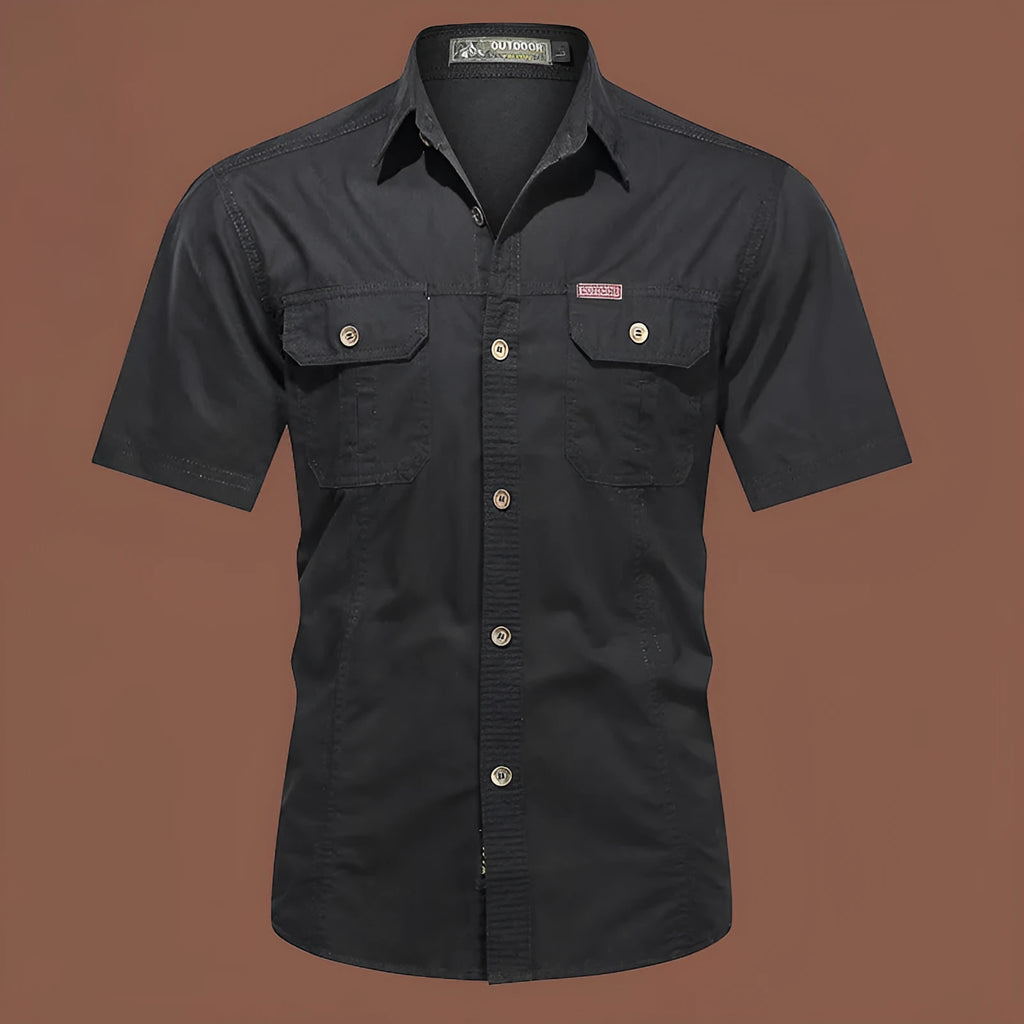 Men's loose short sleeve cotton work shirt in army green colour on hanger