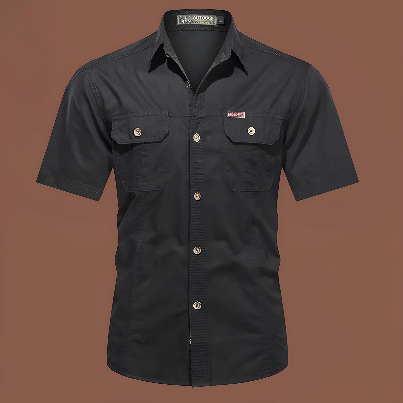 Men's loose short sleeve cotton work shirt in army green colour on hanger