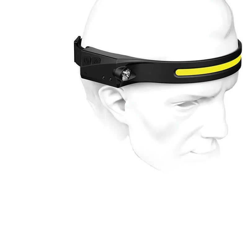 Black silicone USB rechargeable headlamp with side wave sensor and dual LED lights for wide and long-distance illumination.