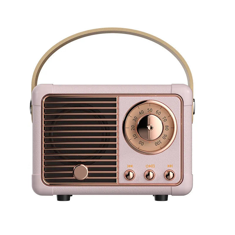 Portable retro Bluetooth speaker in black, showing compact size and classic design with USB interface