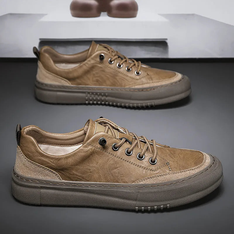 Men's round toe board shoes in black or khaki with lace-up design and rubber sole