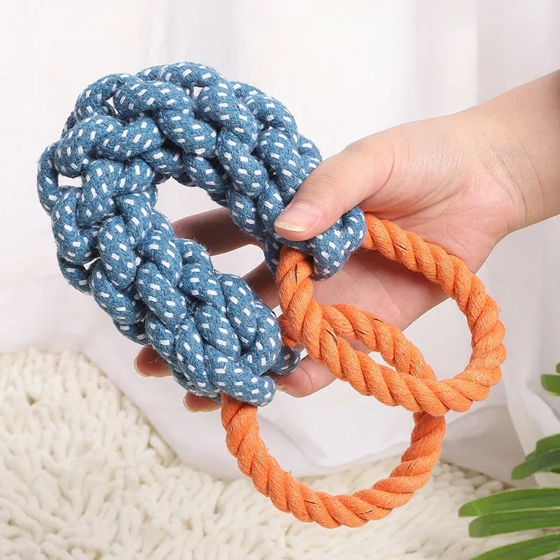 Blue double-ring cotton knot dog chew toy measuring 37cm with braided rope construction
