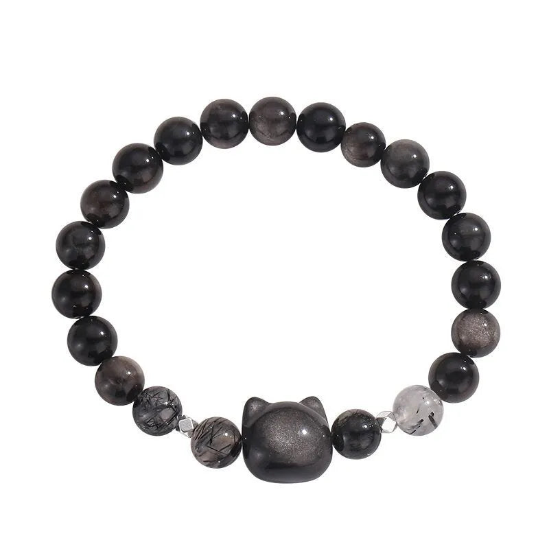 Obsidian cat crystal bracelet with electroplated finish and zodiac animal design