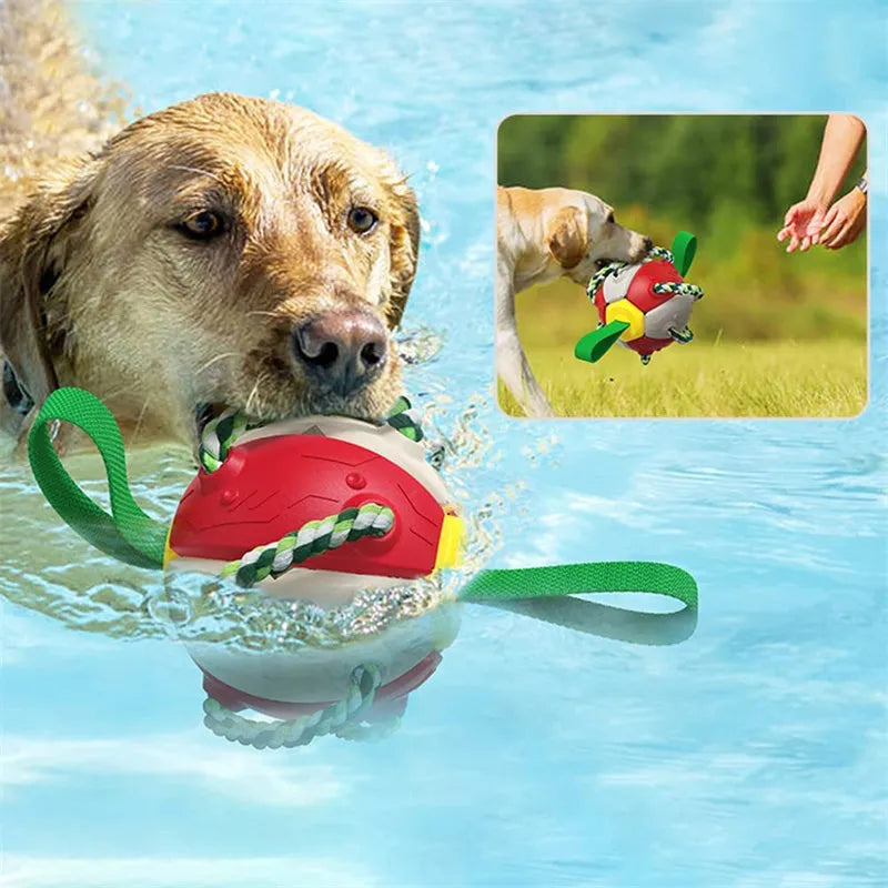 Interactive dog football soccer ball with tabs and cotton chew rope, 145.5mm sphere, flattening frisbee toy for outdoor training