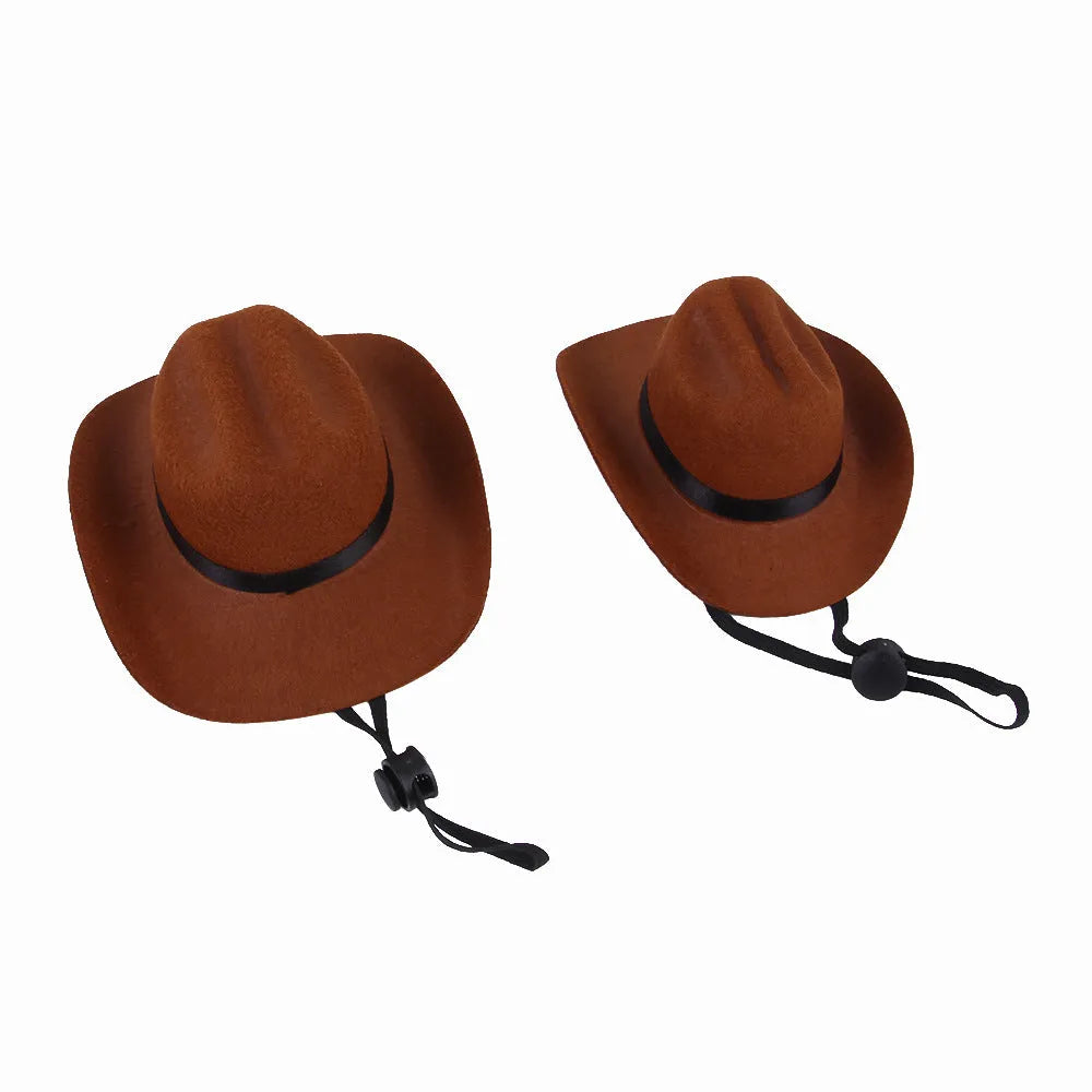 Adjustable cowboy hat for a dog or cat on a plain background, showing the rounded brim.