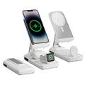 White three-in-one Magsafe wireless fast charging folding magnetic power bank 10000mAh with phone attached in upright position