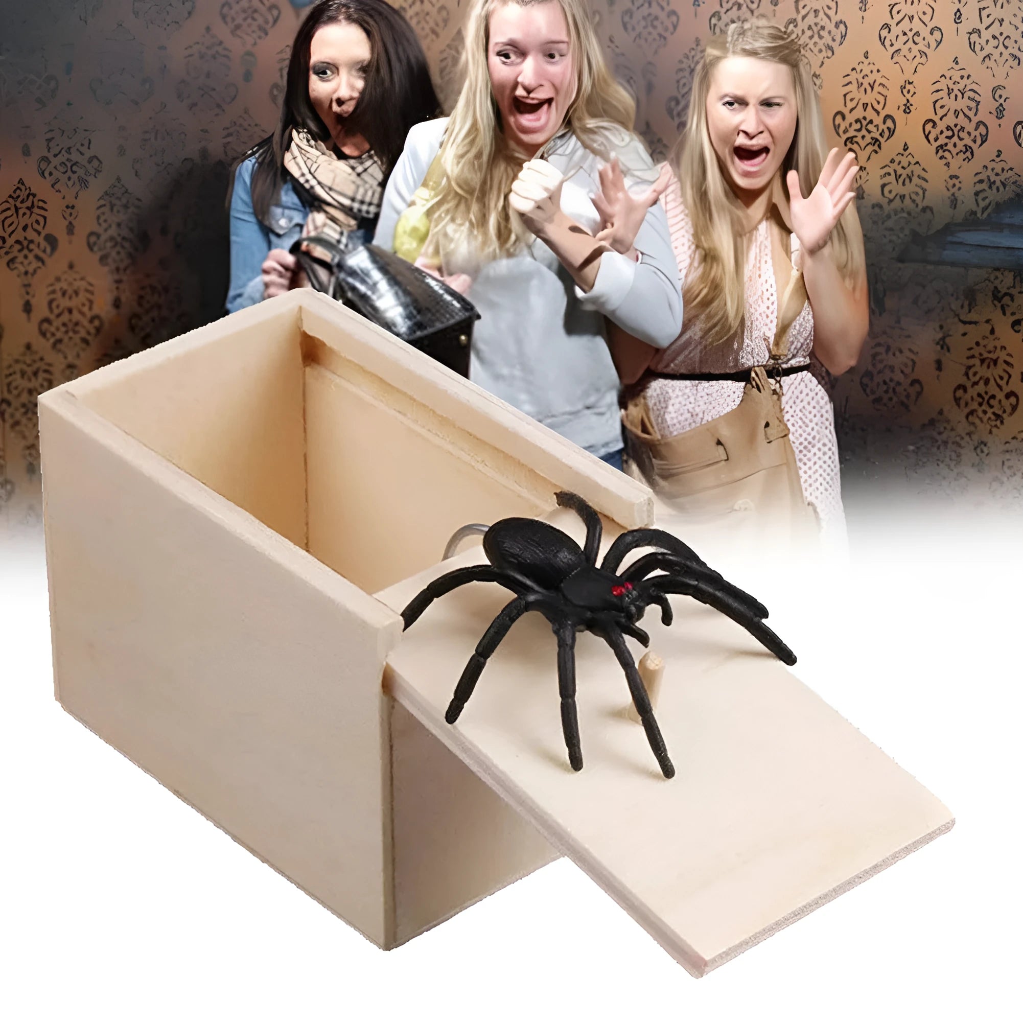 Wooden prank scare box with jumping spider surprise for April Fools jokes
