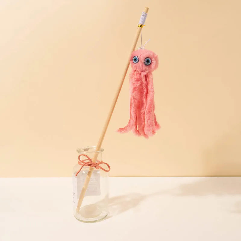 Octopus cat toy with long stick in grey, pink, purple or red colours for indoor kittens