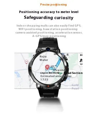 Multi-functional sports smartwatch with dual cameras on the wrist, showing a TFT touch screen display.