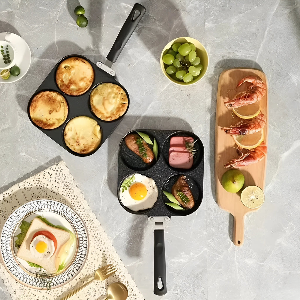Four-hole non-stick aluminium frying pan for eggs, burgers and pancakes on a kitchen hob