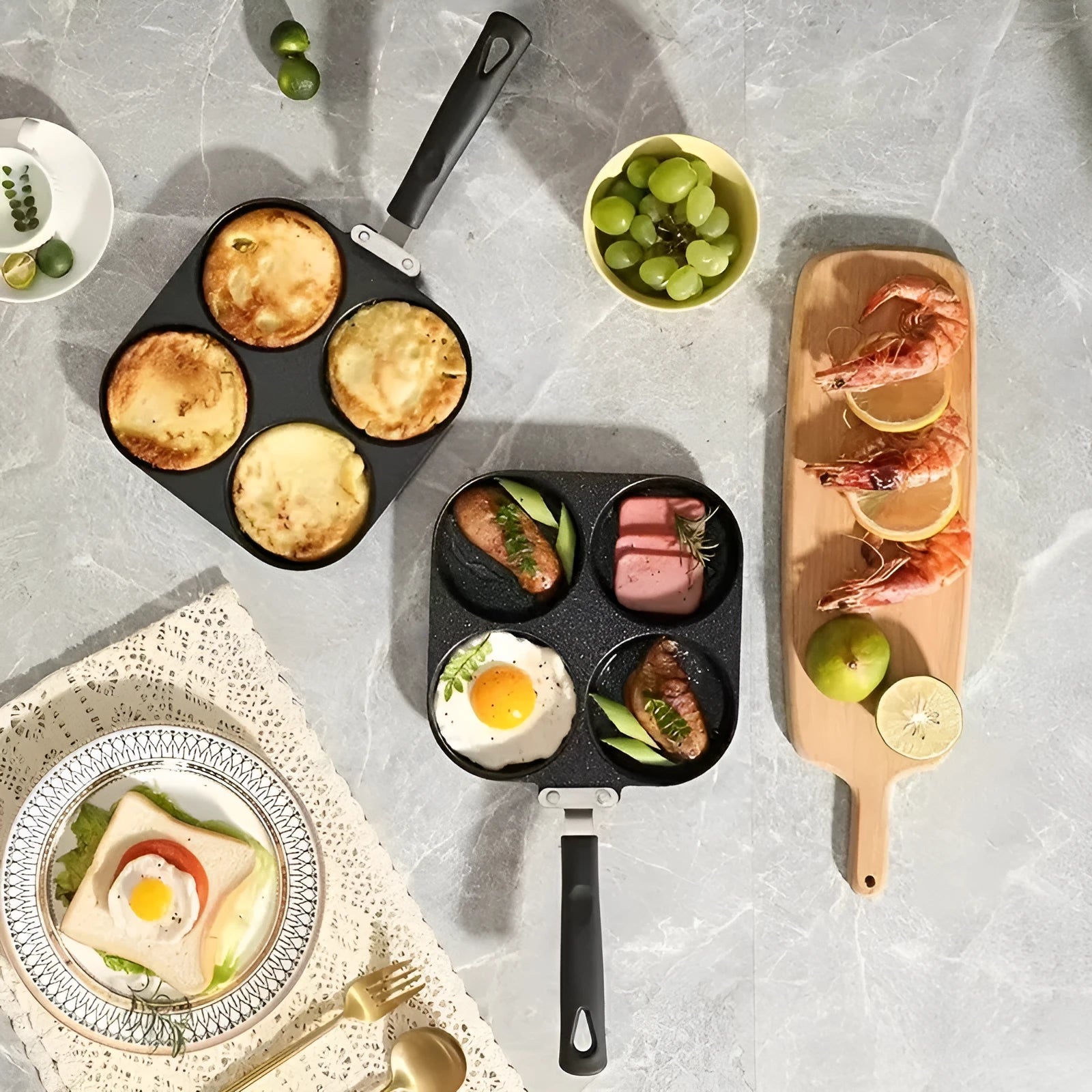 Four-hole non-stick aluminium frying pan for eggs, burgers and pancakes on a kitchen hob