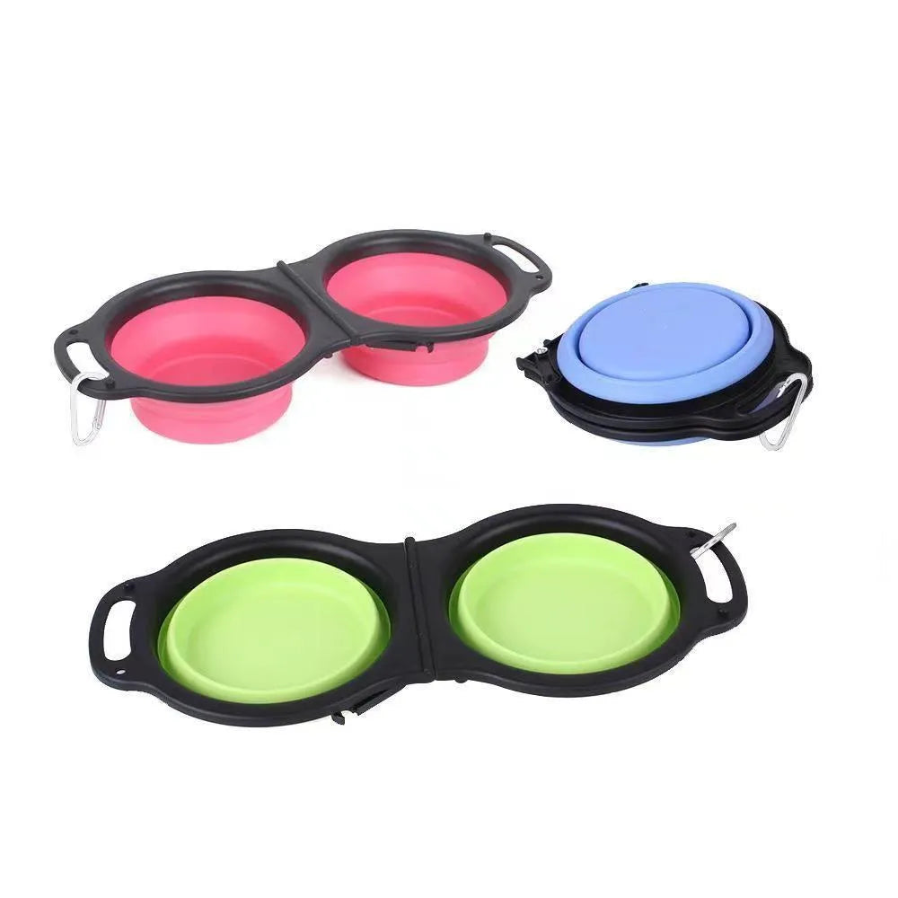 Blue folding silicone double pet bowl for dogs and cats, shown collapsed and unfolded.