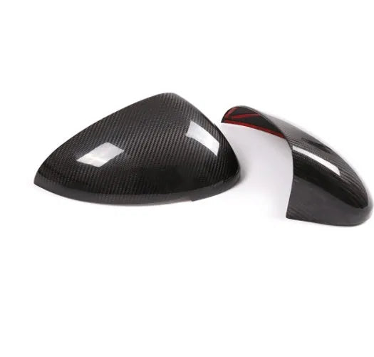 Carbon fibre Porsche Macan mirror covers showing woven pattern and precise dimensions for 14-22 model year fitment