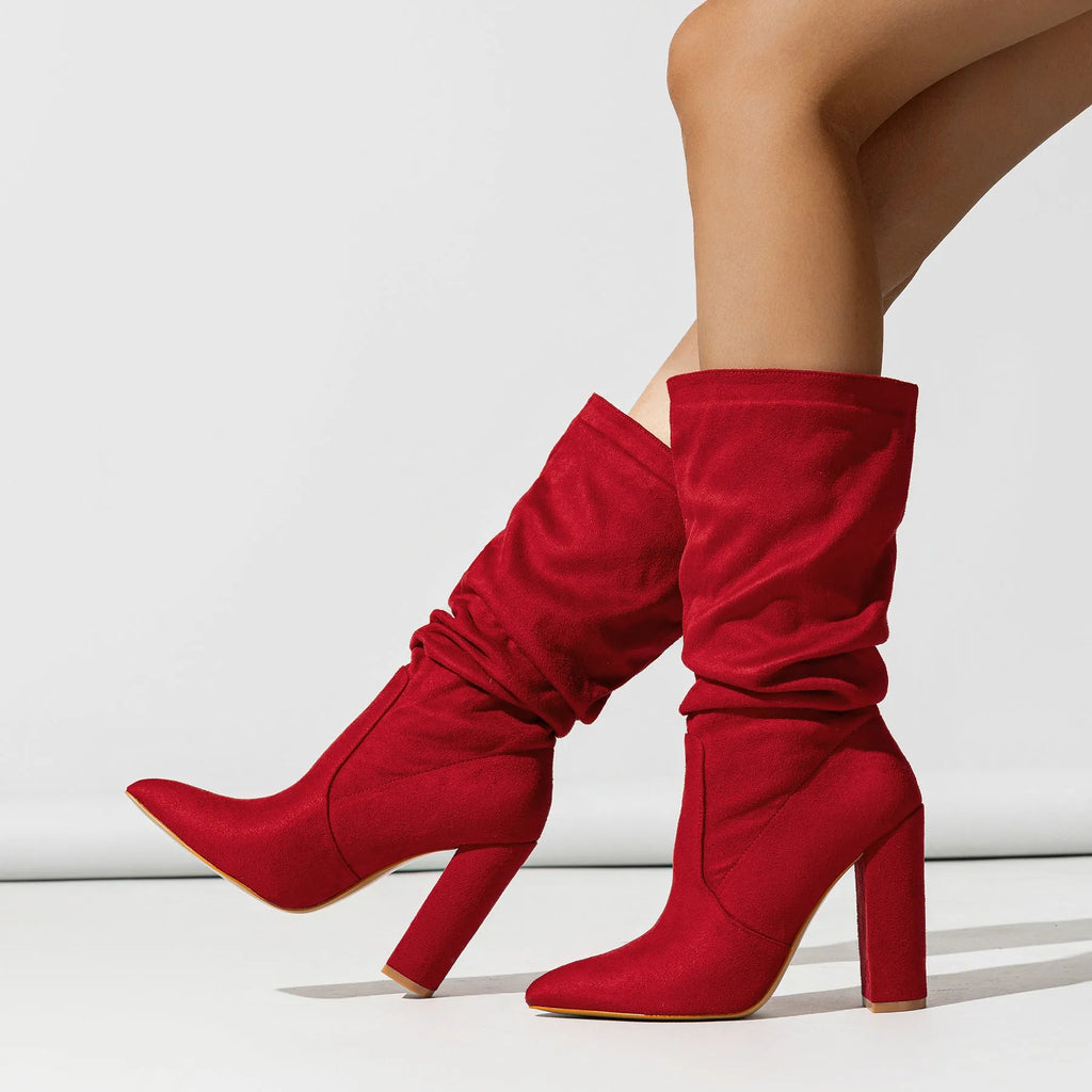 Women's black suede chunky heel pointed toe boots with mid-calf length