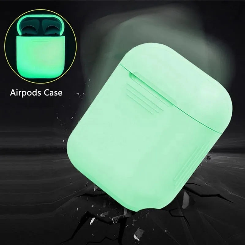 Luminous solid colour silicone flip-top protective case for AirPods on a white background.