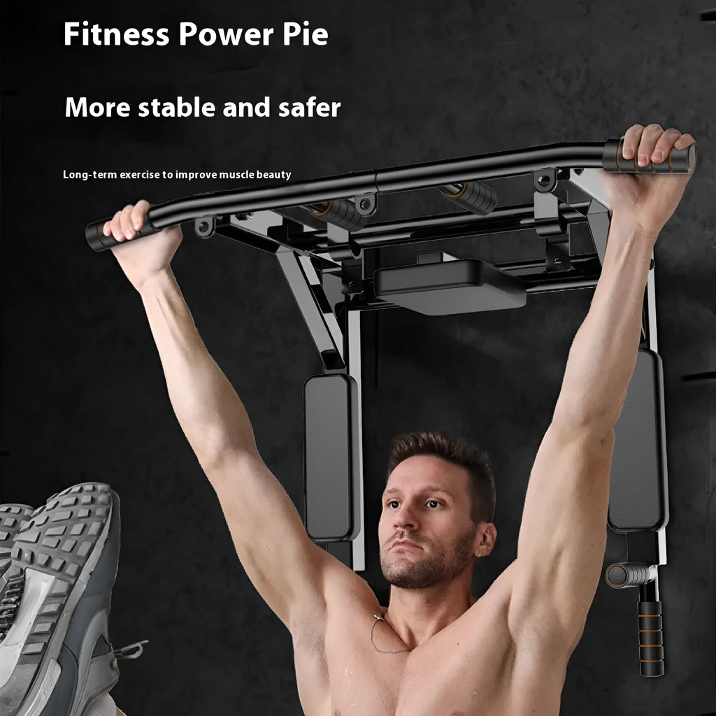Black wall-mounted fitness equipment with a sandbag rack and single parallel pull-up bars.