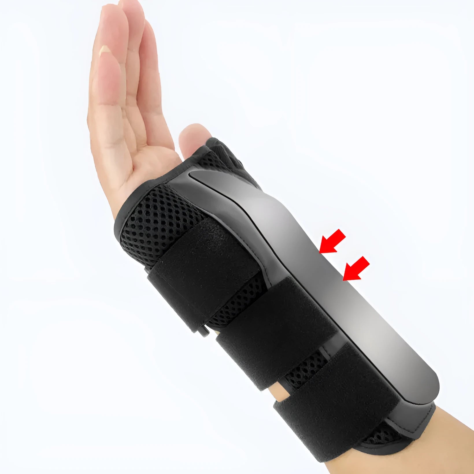 Carbon fibre sports wrist guard with thumb strap in black and grey colours
