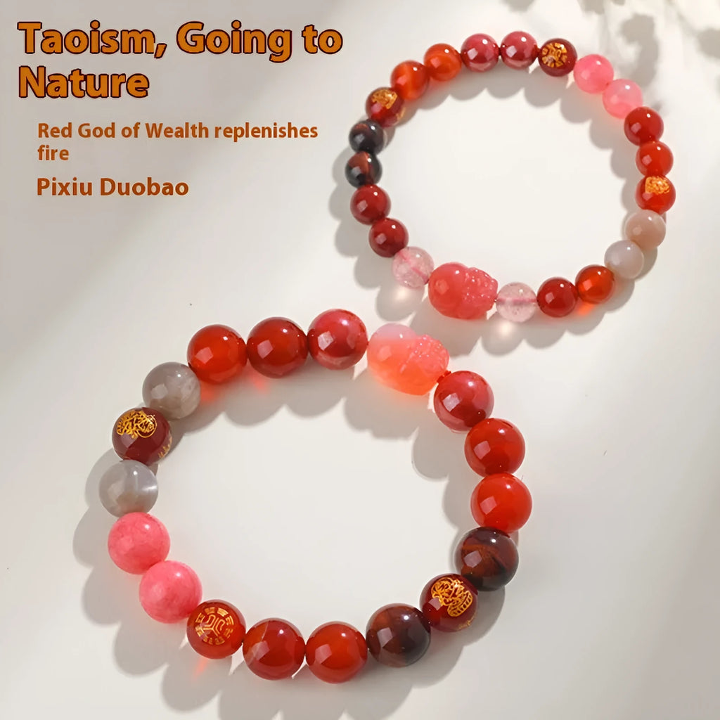 Handmade five elements natural crystal bracelet showing geometric beads in gold, wood, water, fire, and soil colours.
