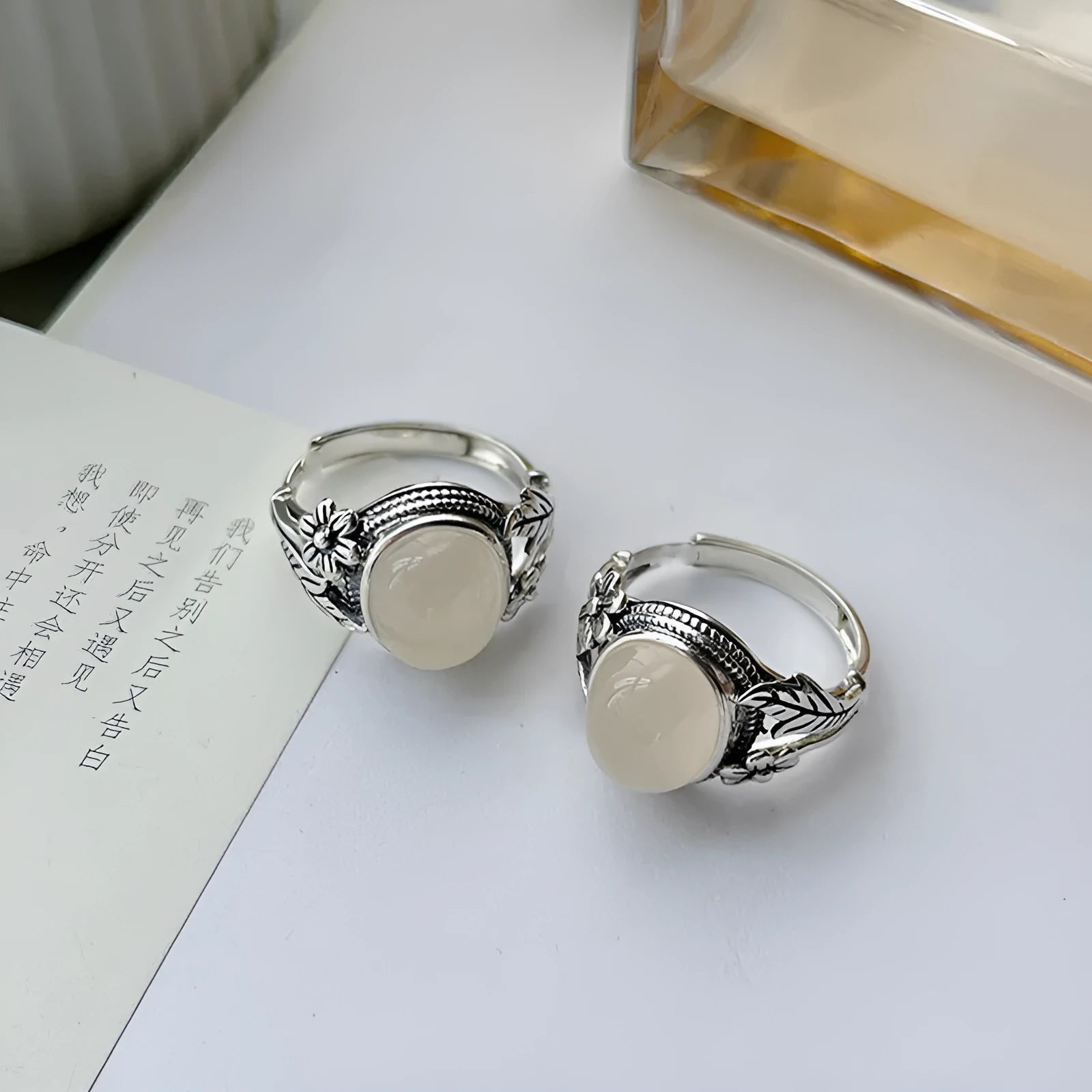 Copper vintage ring with white chalcedony imitation stone and adjustable opening mechanism