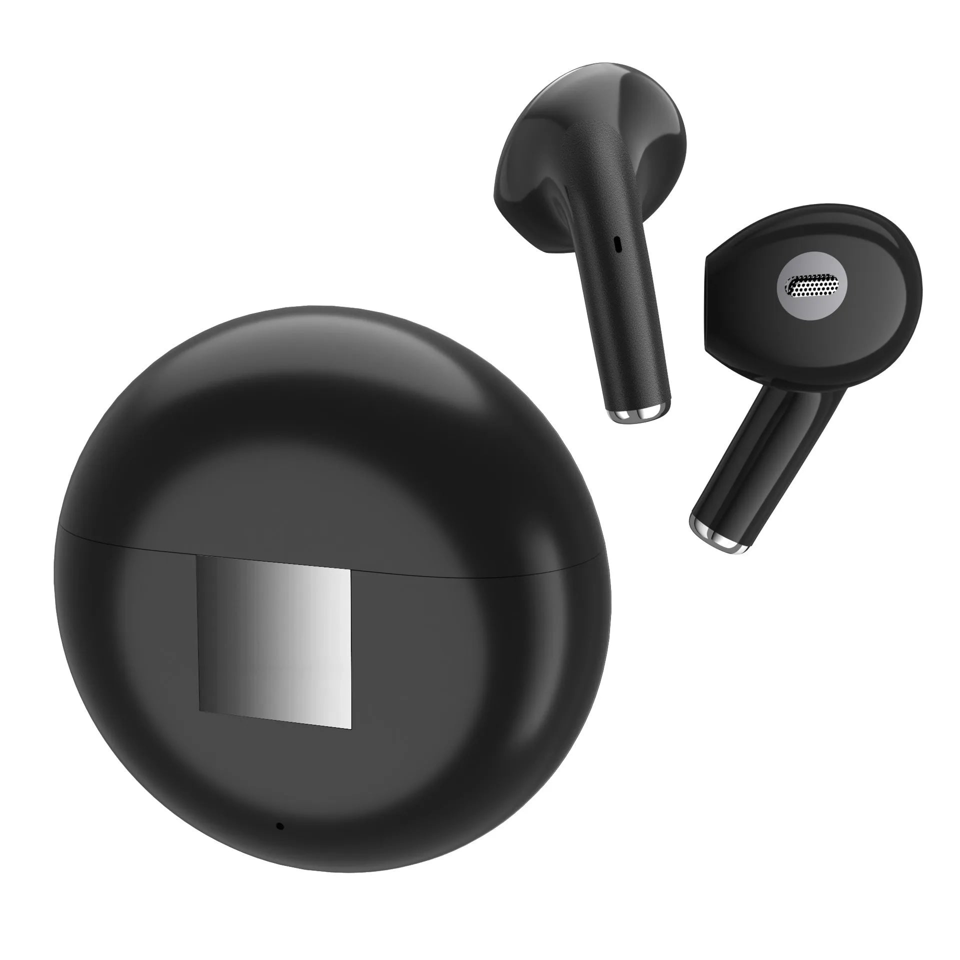White Budz5 wireless Bluetooth earbuds with charging case on a table.