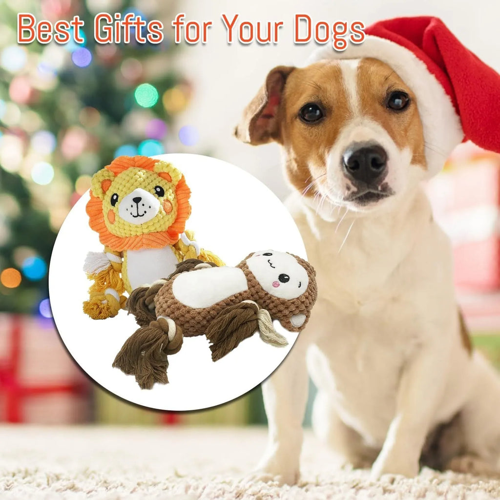 Lion and monkey plush squeaky dog toys bundle for medium and large breeds