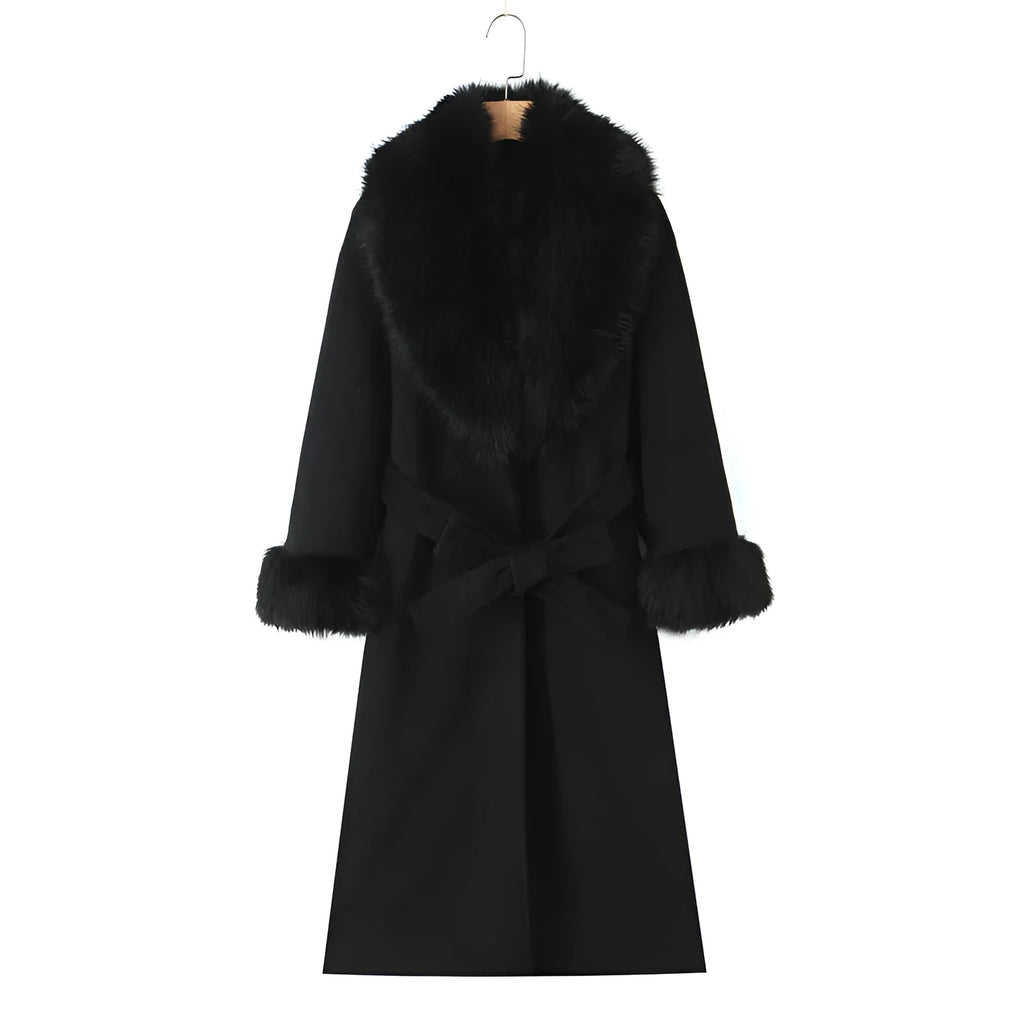 Big fur collar belt wool coat long jacket for women, pattern colour, front view with fur collar and belt
