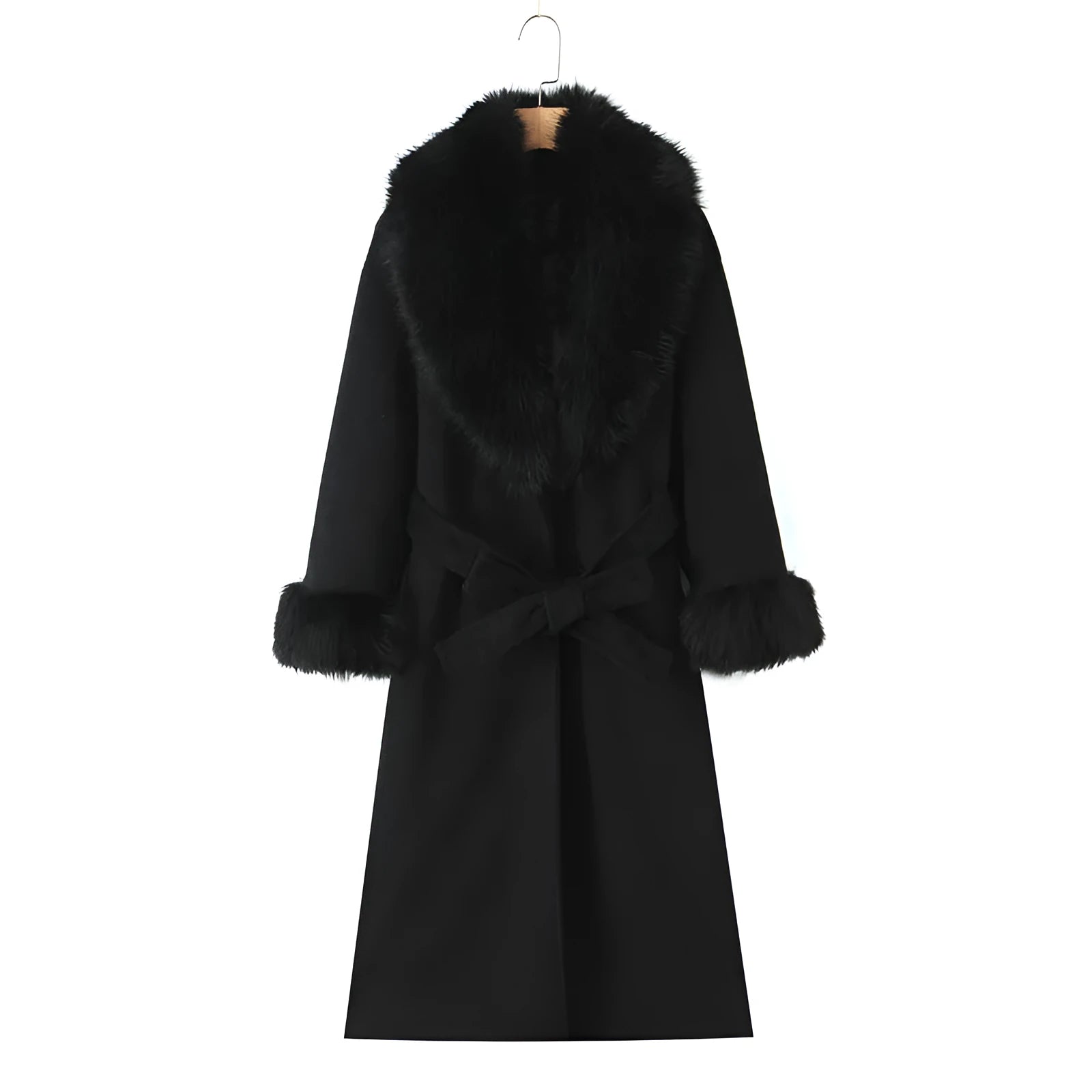 Big fur collar belt wool coat long jacket for women, pattern colour, front view with fur collar and belt