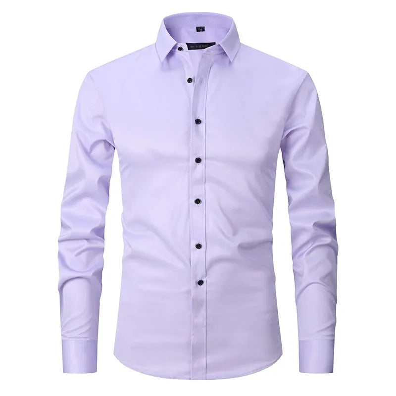 Man wearing a solid-colour stretch long sleeve work shirt made from polyester fabric.