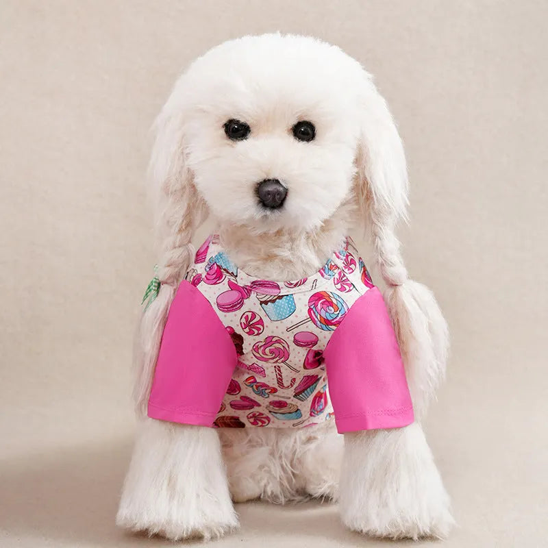 Small dog wearing a full printed casual t-shirt in one of the available colour options.