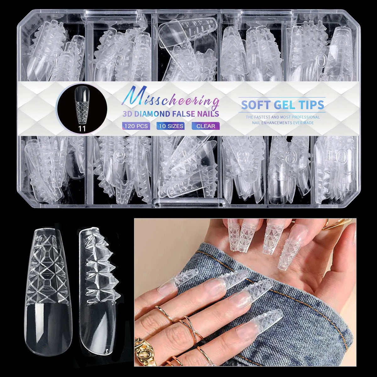 3D diamond wear long shaping artificial nail tips in twelve different colour options