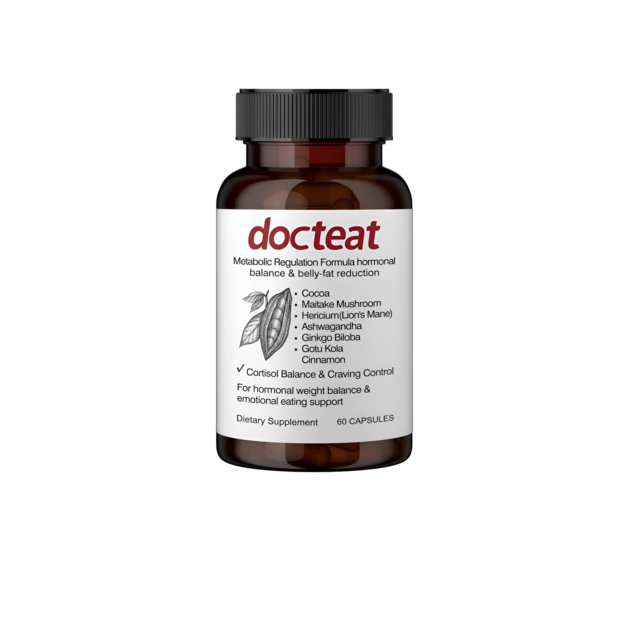 Bottle of Hormone Balance Capsules with 60 vegetable capsules containing lion's mane, ashwagandha, and green tea extracts