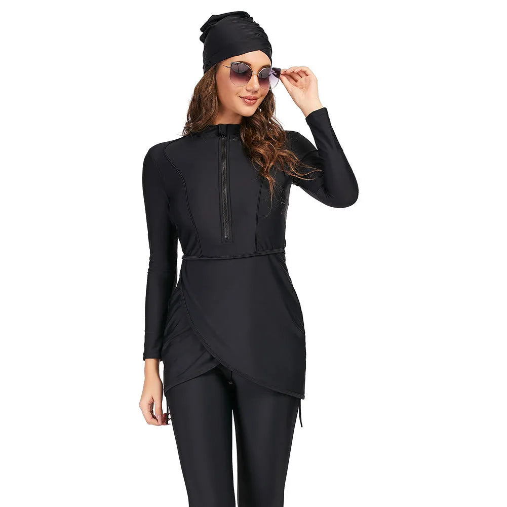 Black conservative Muslim ladies swimsuit with long sleeves and full coverage bottoms